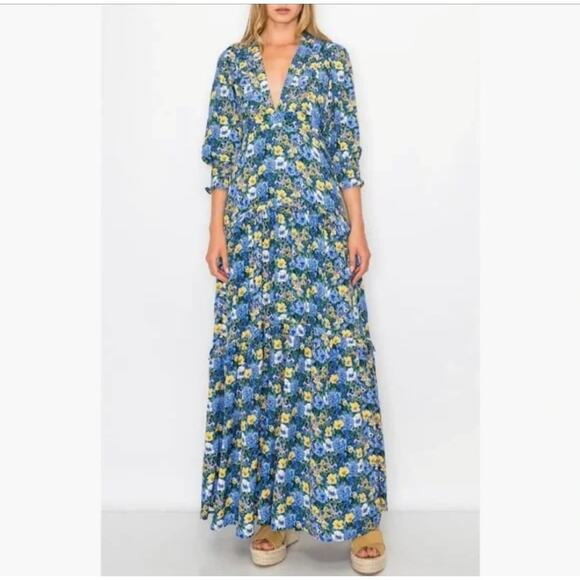 code x mode Dresses & Skirts - Code x Mode blue yellow casual ruffle tiered floral  maxi dress size S